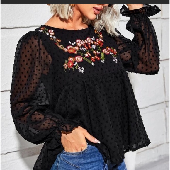 Black Swiss dot floral embroidered mesh blouse - Picture 2 of 8